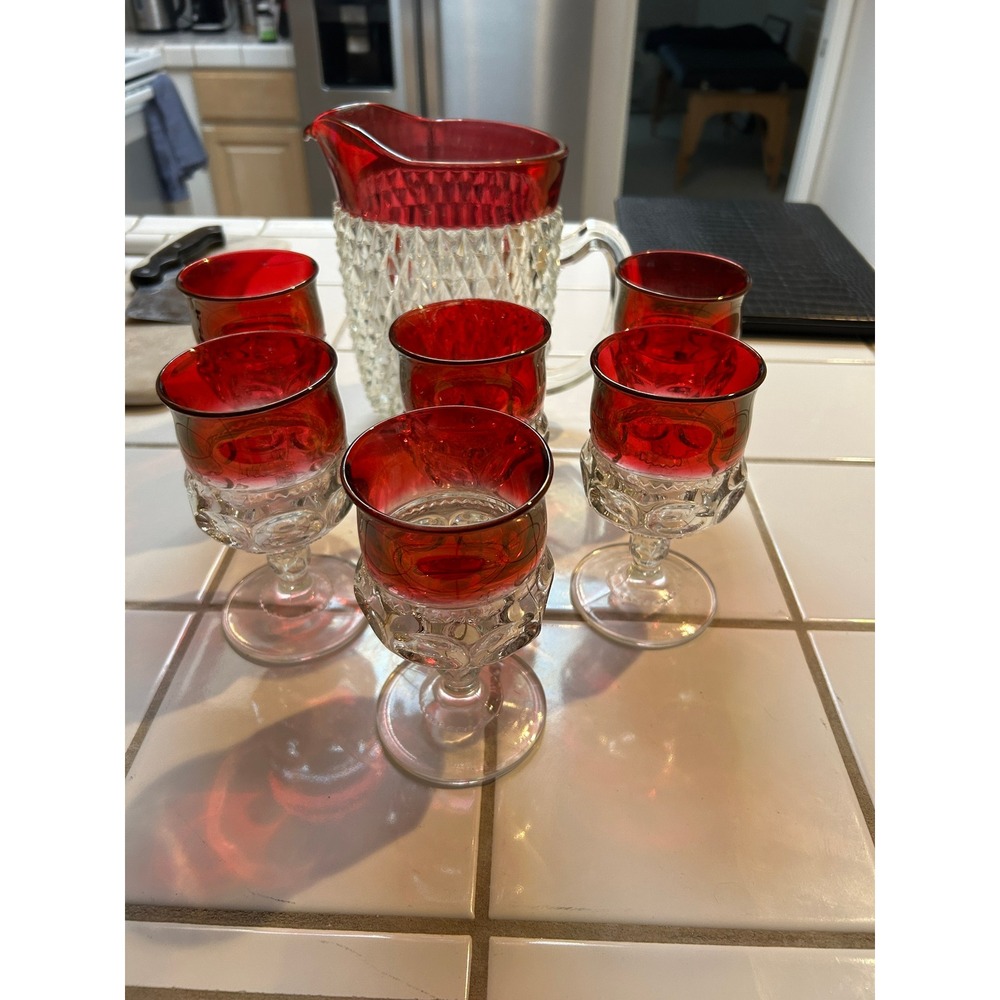 Mid Century Indiana Glass Cranberry Diamond Point Pitcher and Six Glasses
